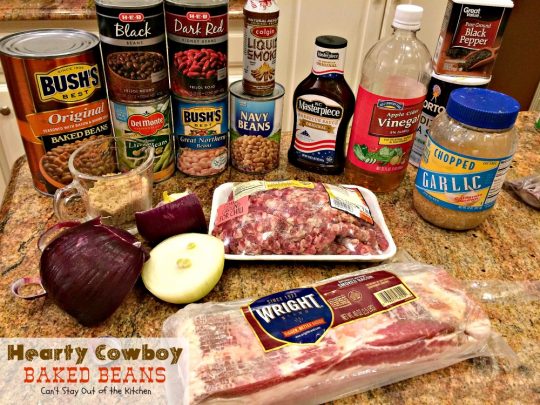 Hearty Cowboy Baked Beans | Can't Stay Out of the Kitchen | the most spectacular #bakedbeans #sidedish you'll ever eat! This one's filled with #groundbeef #bacon and 6 kinds of #beans! 