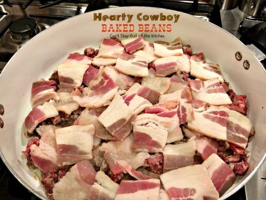 Hearty Cowboy Baked Beans | Can't Stay Out of the Kitchen | the most spectacular #bakedbeans #sidedish you'll ever eat! This one's filled with #groundbeef #bacon and 6 kinds of #beans! 