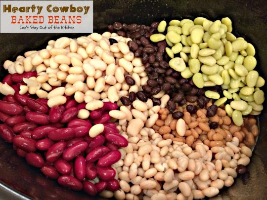 Hearty Cowboy Baked Beans | Can't Stay Out of the Kitchen | the most spectacular #bakedbeans #sidedish you'll ever eat! This one's filled with #groundbeef #bacon and 6 kinds of #beans! 