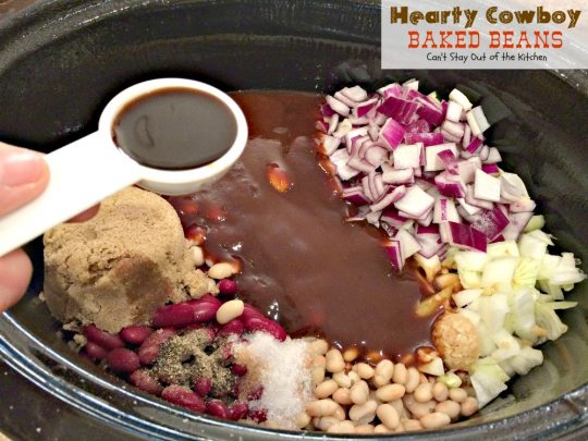 Hearty Cowboy Baked Beans | Can't Stay Out of the Kitchen | the most spectacular #bakedbeans #sidedish you'll ever eat! This one's filled with #groundbeef #bacon and 6 kinds of #beans! 