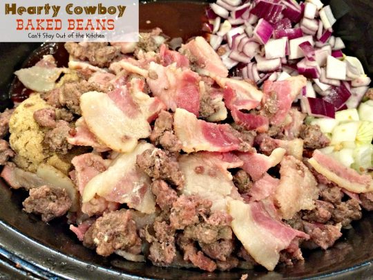 Hearty Cowboy Baked Beans | Can't Stay Out of the Kitchen | the most spectacular #bakedbeans #sidedish you'll ever eat! This one's filled with #groundbeef #bacon and 6 kinds of #beans! 