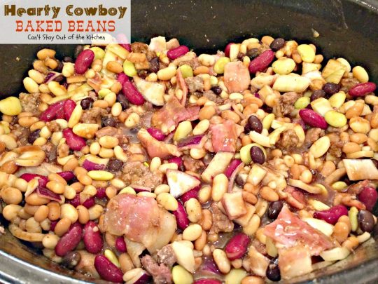 Hearty Cowboy Baked Beans | Can't Stay Out of the Kitchen | the most spectacular #bakedbeans #sidedish you'll ever eat! This one's filled with #groundbeef #bacon and 6 kinds of #beans! 