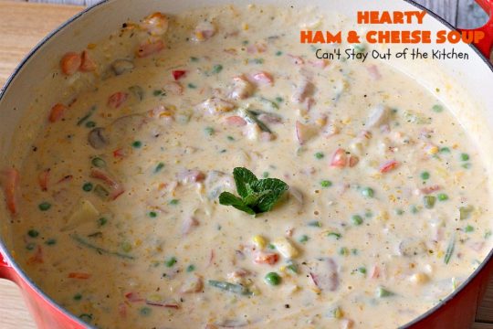 Hearty Ham and Cheese Soup | Can't Stay Out of the Kitchen | this fantastic #soup started out with leftover #ham from the #holidays! It's chocked full of #veggies & seasoned to perfection. Terrific for cold, dreary winter nights when you want to warm up! #peas #corn #greenbeans #carrots #redpotatoes #mushrooms #cheddarcheese #HamSoup #pork #HamandCheeseSoup