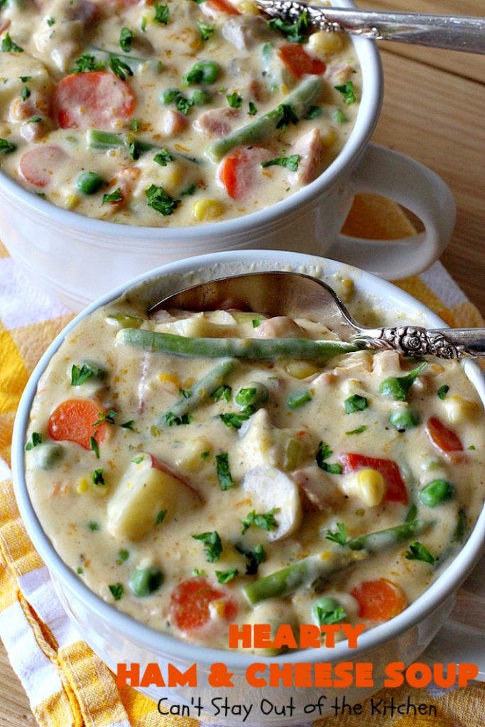 Hearty Ham and Cheese Soup | Can't Stay Out of the Kitchen | this fantastic #soup started out with leftover #ham from the #holidays! It's chocked full of #veggies & seasoned to perfection. Terrific for cold, dreary winter nights when you want to warm up! #peas #corn #greenbeans #carrots #redpotatoes #mushrooms #cheddarcheese #HamSoup #pork #HamandCheeseSoup