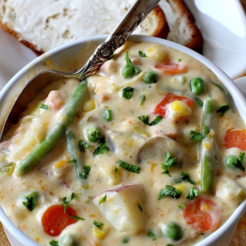Hearty Ham and Cheese Soup | Can't Stay Out of the Kitchen | this fantastic #soup started out with leftover #ham from the #holidays! It's chocked full of #veggies & seasoned to perfection. Terrific for cold, dreary winter nights when you want to warm up! #peas #corn #greenbeans #carrots #redpotatoes #mushrooms #cheddarcheese #HamSoup #pork #HamandCheeseSoup