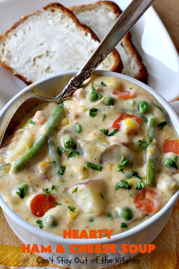 Hearty Ham and Cheese Soup | Can't Stay Out of the Kitchen | this fantastic #soup started out with leftover #ham from the #holidays! It's chocked full of #veggies & seasoned to perfection. Terrific for cold, dreary winter nights when you want to warm up! #peas #corn #greenbeans #carrots #redpotatoes #mushrooms #cheddarcheese #HamSoup #pork #HamandCheeseSoup