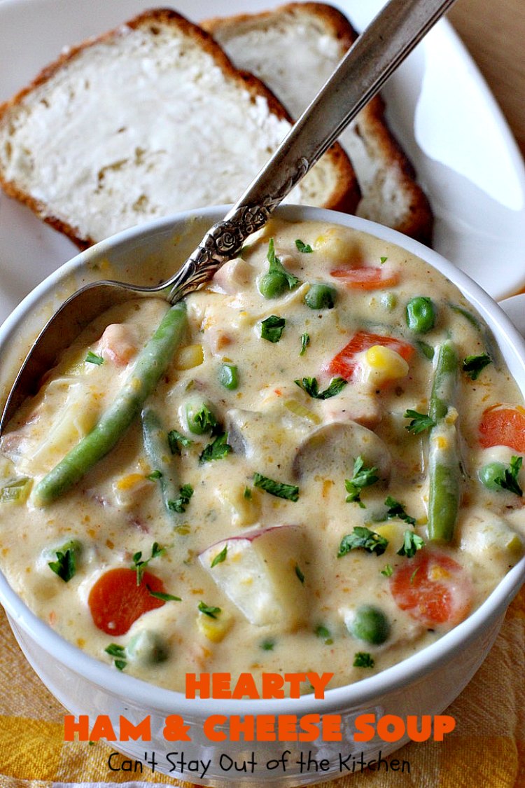 Hearty Ham and Cheese Soup | Can't Stay Out of the Kitchen | this fantastic #soup started out with leftover #ham from the #holidays! It's chocked full of #veggies & seasoned to perfection. Terrific for cold, dreary winter nights when you want to warm up! #peas #corn #greenbeans #carrots #redpotatoes #mushrooms #cheddarcheese #HamSoup #pork #HamandCheeseSoup