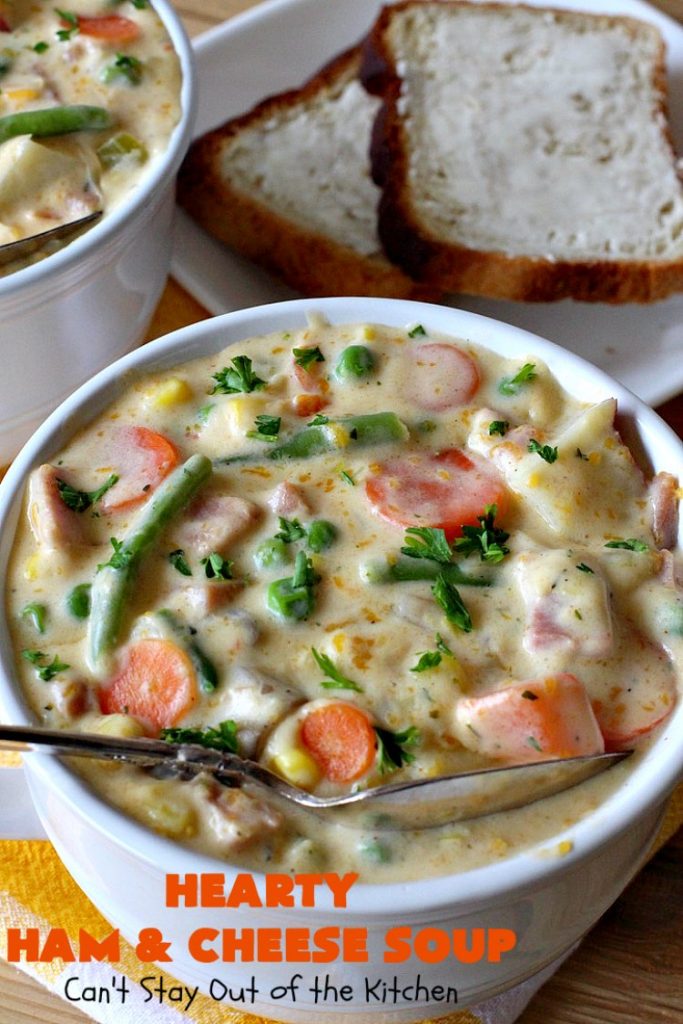 Hearty Ham and Cheese Soup | Can't Stay Out of the Kitchen | this fantastic #soup started out with leftover #ham from the #holidays! It's chocked full of #veggies & seasoned to perfection. Terrific for cold, dreary winter nights when you want to warm up! #peas #corn #greenbeans #carrots #redpotatoes #mushrooms #cheddarcheese #HamSoup #pork #HamandCheeseSoup