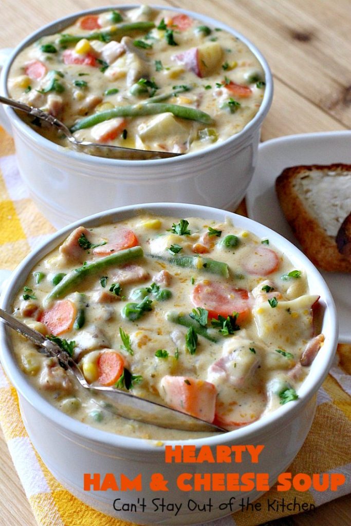 Hearty Ham and Cheese Soup | Can't Stay Out of the Kitchen | this fantastic #soup started out with leftover #ham from the #holidays! It's chocked full of #veggies & seasoned to perfection. Terrific for cold, dreary winter nights when you want to warm up! #peas #corn #greenbeans #carrots #redpotatoes #mushrooms #cheddarcheese #HamSoup #pork #HamandCheeseSoup