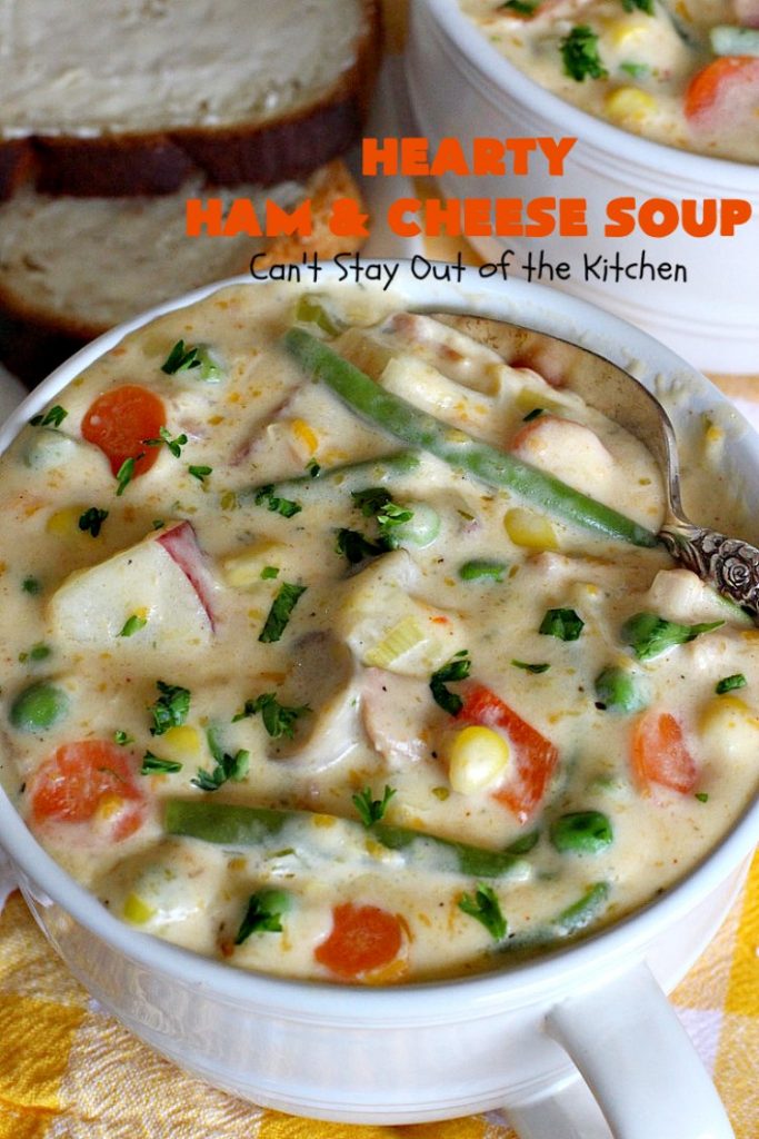 Hearty Ham and Cheese Soup | Can't Stay Out of the Kitchen | this fantastic #soup started out with leftover #ham from the #holidays! It's chocked full of #veggies & seasoned to perfection. Terrific for cold, dreary winter nights when you want to warm up! #peas #corn #greenbeans #carrots #redpotatoes #mushrooms #cheddarcheese #HamSoup #pork #HamandCheeseSoup
