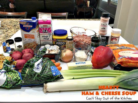 Hearty Ham and Cheese Soup | Can't Stay Out of the Kitchen | this fantastic #soup started out with leftover #ham from the #holidays! It's chocked full of #veggies & seasoned to perfection. Terrific for cold, dreary winter nights when you want to warm up! #peas #corn #greenbeans #carrots #redpotatoes #mushrooms #cheddarcheese #HamSoup #pork #HamandCheeseSoup