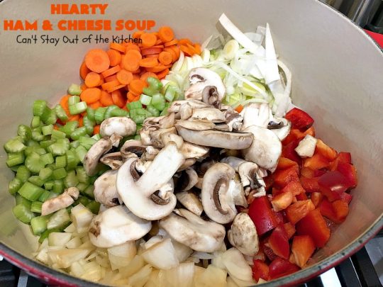 Hearty Ham and Cheese Soup | Can't Stay Out of the Kitchen | this fantastic #soup started out with leftover #ham from the #holidays! It's chocked full of #veggies & seasoned to perfection. Terrific for cold, dreary winter nights when you want to warm up! #peas #corn #greenbeans #carrots #redpotatoes #mushrooms #cheddarcheese #HamSoup #pork #HamandCheeseSoup