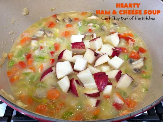 Hearty Ham and Cheese Soup | Can't Stay Out of the Kitchen | this fantastic #soup started out with leftover #ham from the #holidays! It's chocked full of #veggies & seasoned to perfection. Terrific for cold, dreary winter nights when you want to warm up! #peas #corn #greenbeans #carrots #redpotatoes #mushrooms #cheddarcheese #HamSoup #pork #HamandCheeseSoup