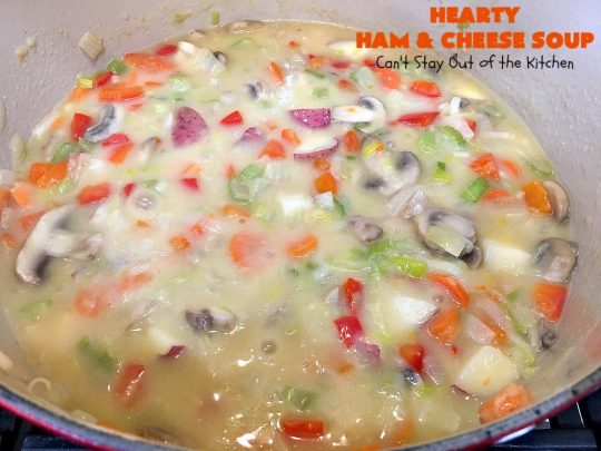 Hearty Ham and Cheese Soup | Can't Stay Out of the Kitchen | this fantastic #soup started out with leftover #ham from the #holidays! It's chocked full of #veggies & seasoned to perfection. Terrific for cold, dreary winter nights when you want to warm up! #peas #corn #greenbeans #carrots #redpotatoes #mushrooms #cheddarcheese #HamSoup #pork #HamandCheeseSoup