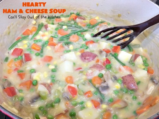 Hearty Ham and Cheese Soup | Can't Stay Out of the Kitchen | this fantastic #soup started out with leftover #ham from the #holidays! It's chocked full of #veggies & seasoned to perfection. Terrific for cold, dreary winter nights when you want to warm up! #peas #corn #greenbeans #carrots #redpotatoes #mushrooms #cheddarcheese #HamSoup #pork #HamandCheeseSoup