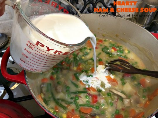 Hearty Ham and Cheese Soup | Can't Stay Out of the Kitchen | this fantastic #soup started out with leftover #ham from the #holidays! It's chocked full of #veggies & seasoned to perfection. Terrific for cold, dreary winter nights when you want to warm up! #peas #corn #greenbeans #carrots #redpotatoes #mushrooms #cheddarcheese #HamSoup #pork #HamandCheeseSoup