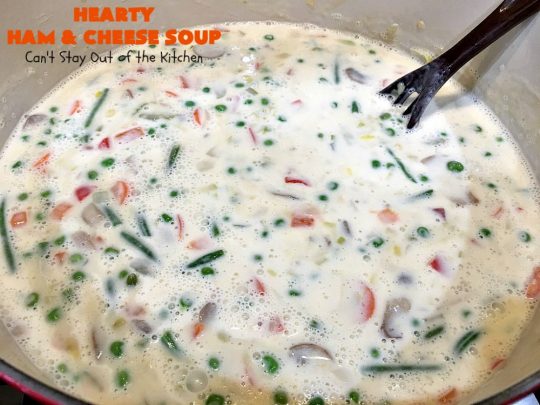 Hearty Ham and Cheese Soup | Can't Stay Out of the Kitchen | this fantastic #soup started out with leftover #ham from the #holidays! It's chocked full of #veggies & seasoned to perfection. Terrific for cold, dreary winter nights when you want to warm up! #peas #corn #greenbeans #carrots #redpotatoes #mushrooms #cheddarcheese #HamSoup #pork #HamandCheeseSoup