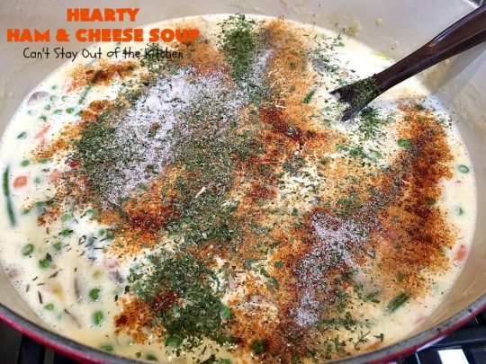 Hearty Ham and Cheese Soup | Can't Stay Out of the Kitchen | this fantastic #soup started out with leftover #ham from the #holidays! It's chocked full of #veggies & seasoned to perfection. Terrific for cold, dreary winter nights when you want to warm up! #peas #corn #greenbeans #carrots #redpotatoes #mushrooms #cheddarcheese #HamSoup #pork #HamandCheeseSoup