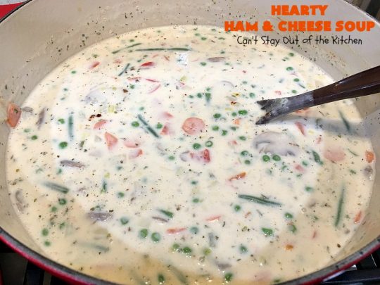 Hearty Ham and Cheese Soup | Can't Stay Out of the Kitchen | this fantastic #soup started out with leftover #ham from the #holidays! It's chocked full of #veggies & seasoned to perfection. Terrific for cold, dreary winter nights when you want to warm up! #peas #corn #greenbeans #carrots #redpotatoes #mushrooms #cheddarcheese #HamSoup #pork #HamandCheeseSoup