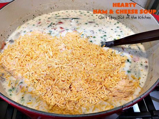 Hearty Ham and Cheese Soup | Can't Stay Out of the Kitchen | this fantastic #soup started out with leftover #ham from the #holidays! It's chocked full of #veggies & seasoned to perfection. Terrific for cold, dreary winter nights when you want to warm up! #peas #corn #greenbeans #carrots #redpotatoes #mushrooms #cheddarcheese #HamSoup #pork #HamandCheeseSoup