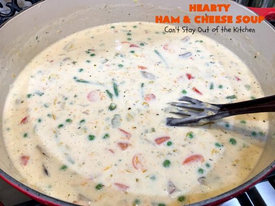 Hearty Ham and Cheese Soup | Can't Stay Out of the Kitchen | this fantastic #soup started out with leftover #ham from the #holidays! It's chocked full of #veggies & seasoned to perfection. Terrific for cold, dreary winter nights when you want to warm up! #peas #corn #greenbeans #carrots #redpotatoes #mushrooms #cheddarcheese #HamSoup #pork #HamandCheeseSoup