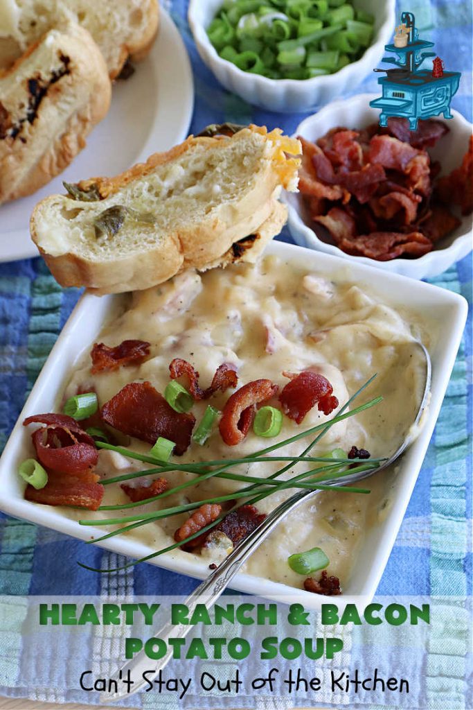 Hearty Ranch and Bacon Potato Soup | Can't Stay Out of the Kitchen | this is a fantastic #PotatoSoup #recipe that includes #bacon, #RanchDressingMix, #CheddarCheese, & of course, #potatoes! It's creamy, scrumptious, comfort food that's terrific served with #HomemadeRolls! Totally hearty, filling & satisfying #soup. #Ranch makes it even better. #HeartyRanchAndBaconPotatoSoup