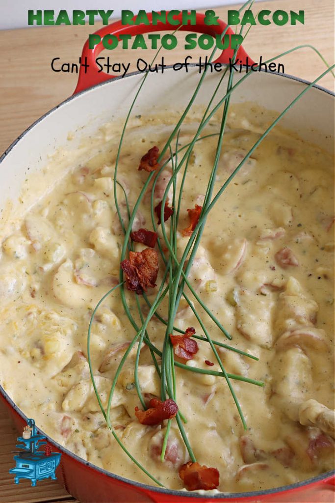 Hearty Ranch and Bacon Potato Soup | Can't Stay Out of the Kitchen | this is a fantastic #PotatoSoup #recipe that includes #bacon, #RanchDressingMix, #CheddarCheese, & of course, #potatoes! It's creamy, scrumptious, comfort food that's terrific served with #HomemadeRolls! Totally hearty, filling & satisfying #soup. #Ranch makes it even better. #HeartyRanchAndBaconPotatoSoup
