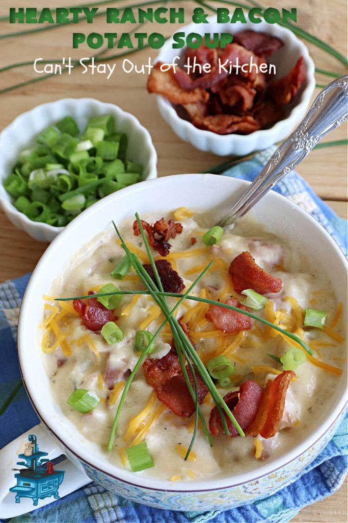 Hearty Ranch and Bacon Potato Soup | Can't Stay Out of the Kitchen | this is a fantastic #PotatoSoup #recipe that includes #bacon, #RanchDressingMix, #CheddarCheese, & of course, #potatoes! It's creamy, scrumptious, comfort food that's terrific served with #HomemadeRolls! Totally hearty, filling & satisfying #soup. #Ranch makes it even better. #HeartyRanchAndBaconPotatoSoup
