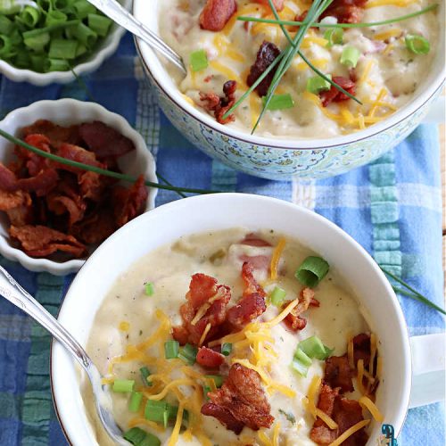Hearty Ranch and Bacon Potato Soup | Can't Stay Out of the Kitchen | this is a fantastic #PotatoSoup #recipe that includes #bacon, #RanchDressingMix, #CheddarCheese, & of course, #potatoes! It's creamy, scrumptious, comfort food that's terrific served with #HomemadeRolls! Totally hearty, filling & satisfying #soup. #Ranch makes it even better. #HeartyRanchAndBaconPotatoSoup
