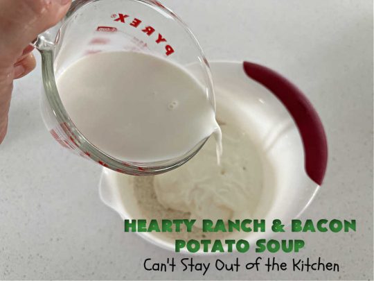 Hearty Ranch and Bacon Potato Soup | Can't Stay Out of the Kitchen | this is a fantastic #PotatoSoup #recipe that includes #bacon, #RanchDressingMix, #CheddarCheese, & of course, #potatoes! It's creamy, scrumptious, comfort food that's terrific served with #HomemadeRolls! Totally hearty, filling & satisfying #soup. #Ranch makes it even better. #HeartyRanchAndBaconPotatoSoup