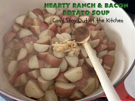 Hearty Ranch and Bacon Potato Soup | Can't Stay Out of the Kitchen | this is a fantastic #PotatoSoup #recipe that includes #bacon, #RanchDressingMix, #CheddarCheese, & of course, #potatoes! It's creamy, scrumptious, comfort food that's terrific served with #HomemadeRolls! Totally hearty, filling & satisfying #soup. #Ranch makes it even better. #HeartyRanchAndBaconPotatoSoup