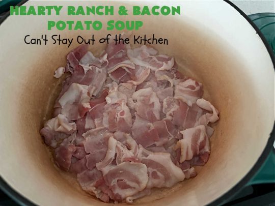 Hearty Ranch and Bacon Potato Soup | Can't Stay Out of the Kitchen | this is a fantastic #PotatoSoup #recipe that includes #bacon, #RanchDressingMix, #CheddarCheese, & of course, #potatoes! It's creamy, scrumptious, comfort food that's terrific served with #HomemadeRolls! Totally hearty, filling & satisfying #soup. #Ranch makes it even better. #HeartyRanchAndBaconPotatoSoup