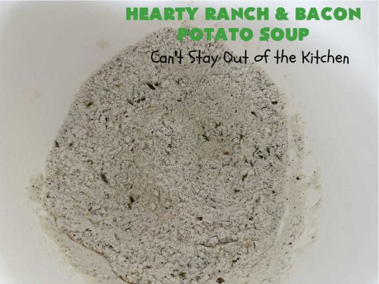 Hearty Ranch and Bacon Potato Soup | Can't Stay Out of the Kitchen | this is a fantastic #PotatoSoup #recipe that includes #bacon, #RanchDressingMix, #CheddarCheese, & of course, #potatoes! It's creamy, scrumptious, comfort food that's terrific served with #HomemadeRolls! Totally hearty, filling & satisfying #soup. #Ranch makes it even better. #HeartyRanchAndBaconPotatoSoup