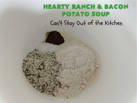 Hearty Ranch and Bacon Potato Soup | Can't Stay Out of the Kitchen | this is a fantastic #PotatoSoup #recipe that includes #bacon, #RanchDressingMix, #CheddarCheese, & of course, #potatoes! It's creamy, scrumptious, comfort food that's terrific served with #HomemadeRolls! Totally hearty, filling & satisfying #soup. #Ranch makes it even better. #HeartyRanchAndBaconPotatoSoup