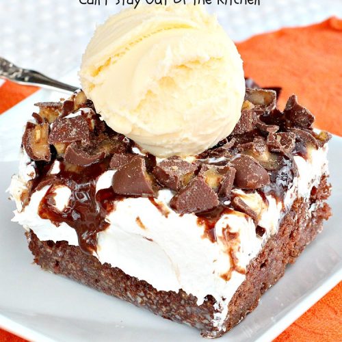 Heath Bar Hot Fudge Poke Cake | Can't Stay Out of the Kitchen | this fantastic #pokecake starts with a #chocolate #cake mix. After baking, it's spread with condensed milk & #hotfudge sauce. Then it's topped with loads of #HeathToffee bars! It is so incredibly amazing & perfect for company or any #holiday party. #dessert