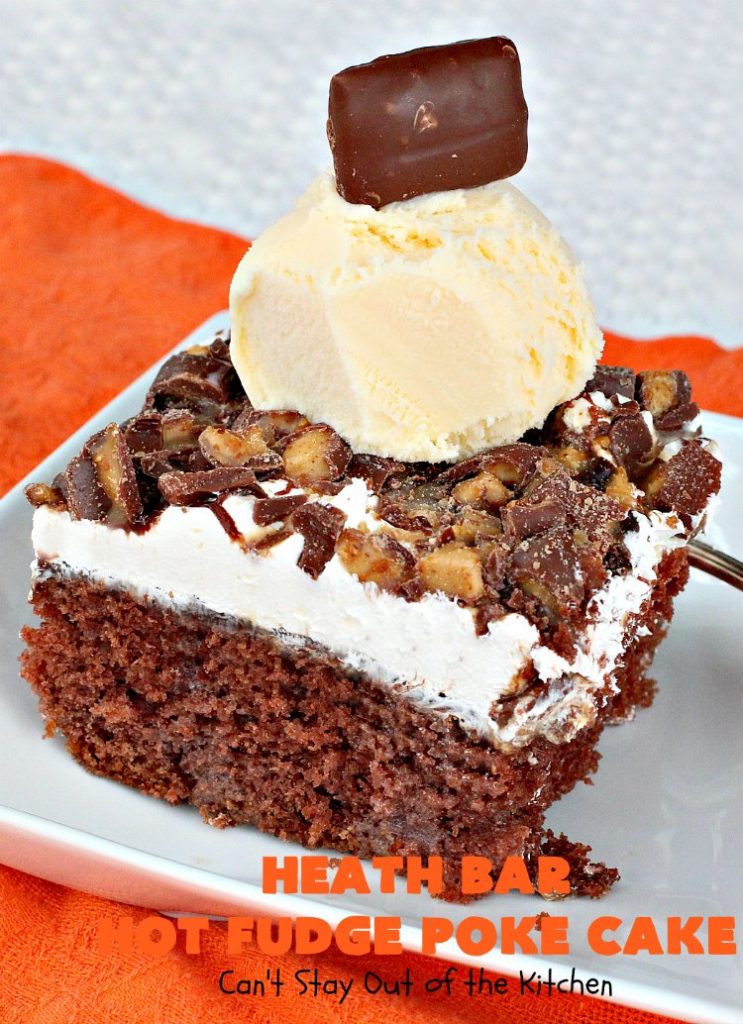 Heath Bar Hot Fudge Poke Cake | Can't Stay Out of the Kitchen | this fantastic #pokecake starts with a #chocolate #cake mix. After baking, it's spread with condensed milk & #hotfudge sauce. Then it's topped with loads of #HeathToffee bars! It is so incredibly amazing & perfect for company or any #holiday party. #dessert