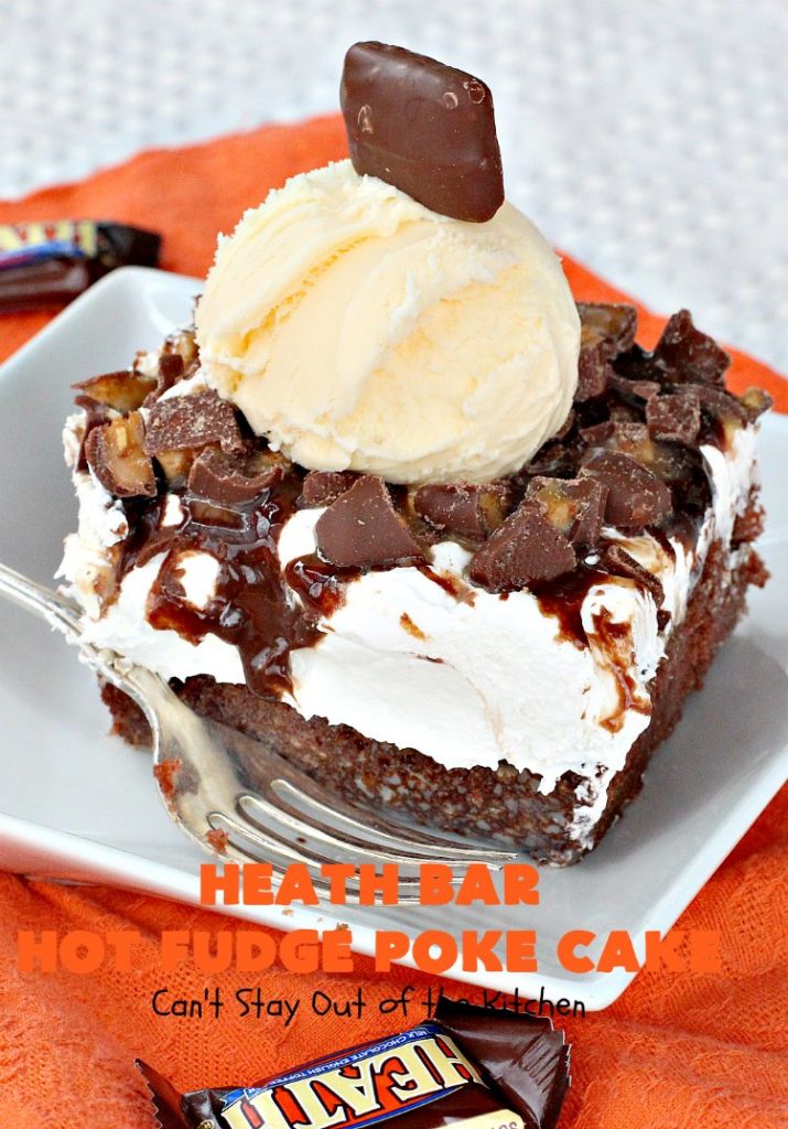 Heath Bar Hot Fudge Poke Cake | Can't Stay Out of the Kitchen | this fantastic #pokecake starts with a #chocolate #cake mix. After baking, it's spread with condensed milk & #hotfudge sauce. Then it's topped with loads of #HeathToffee bars! It is so incredibly amazing & perfect for company or any #holiday party. #dessert