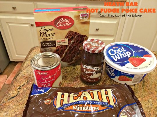 Heath Bar Hot Fudge Poke Cake | Can't Stay Out of the Kitchen | this fantastic #pokecake starts with a #chocolate #cake mix. After baking, it's spread with condensed milk & #hotfudge sauce. Then it's topped with loads of #HeathToffee bars! It is so incredibly amazing & perfect for company or any #holiday party. #dessert