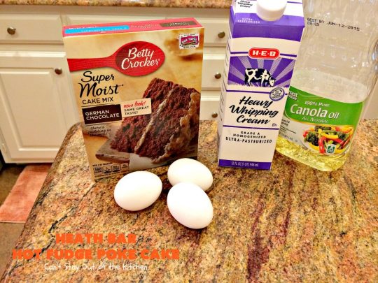 Heath Bar Hot Fudge Poke Cake | Can't Stay Out of the Kitchen | this fantastic #pokecake starts with a #chocolate #cake mix. After baking, it's spread with condensed milk & #hotfudge sauce. Then it's topped with loads of #HeathToffee bars! It is so incredibly amazing & perfect for company or any #holiday party. #dessert