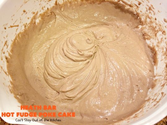 Heath Bar Hot Fudge Poke Cake | Can't Stay Out of the Kitchen | this fantastic #pokecake starts with a #chocolate #cake mix. After baking, it's spread with condensed milk & #hotfudge sauce. Then it's topped with loads of #HeathToffee bars! It is so incredibly amazing & perfect for company or any #holiday party. #dessert