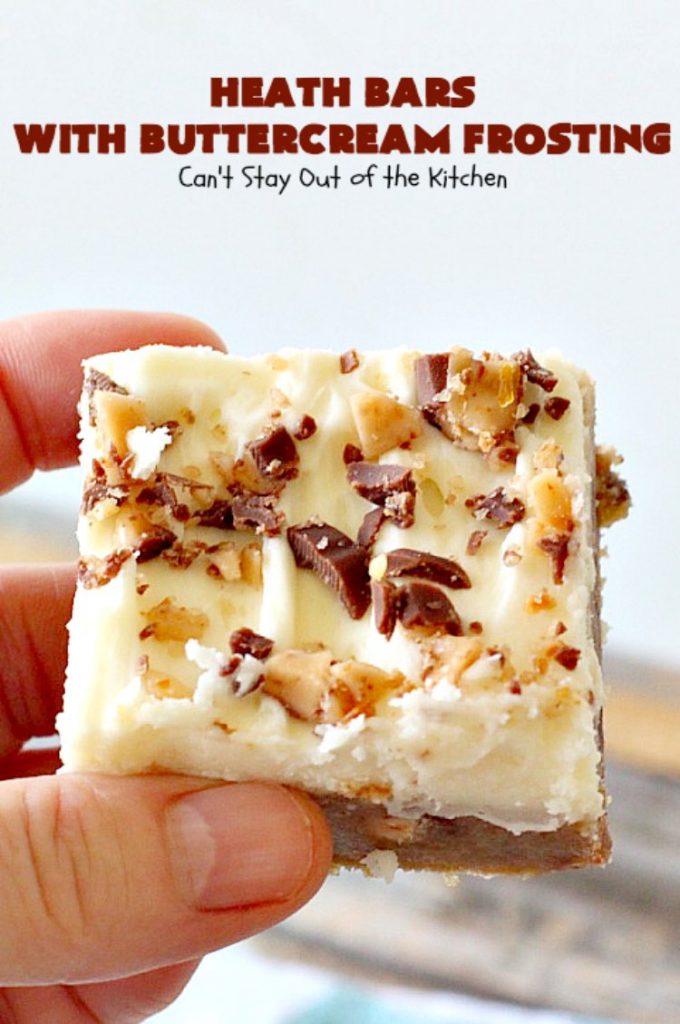 Heath Bars with Buttercream Frosting | Can't Stay Out of the Kitchen | these bar-type #cookies are divine! Amazing icing makes them spectacular. Uses #HeathCandyBars. #chocolate #dessert