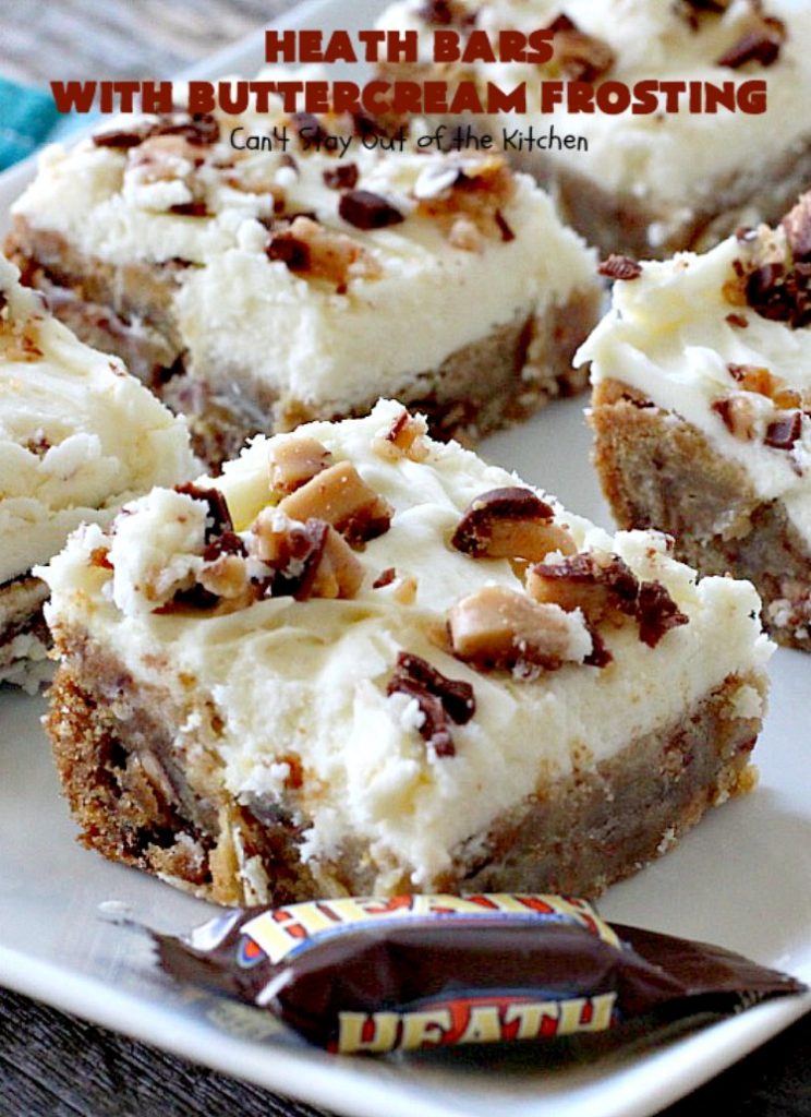 Heath Bars with Buttercream Frosting | Can't Stay Out of the Kitchen | these bar-type #cookies are divine! Amazing icing makes them spectacular. Uses #HeathCandyBars. #chocolate #dessert