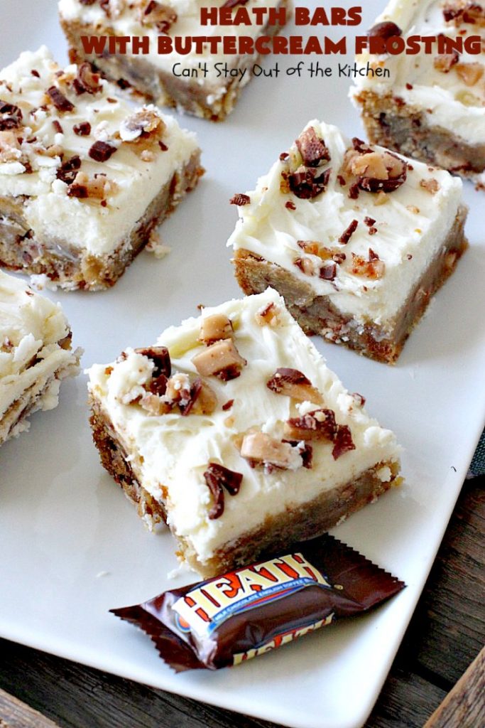 Heath Bars with Buttercream Frosting | Can't Stay Out of the Kitchen | these bar-type #cookies are divine! Amazing icing makes them spectacular. Uses #HeathCandyBars. #chocolate #dessert