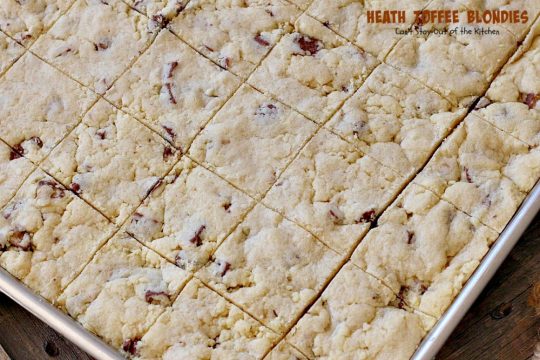 Heath Toffee Blondies | Can't Stay Out of the Kitchen | these amazing #cookies use #HeathToffeeBars so they're filled with #chocolate & #toffee. So, so good! #dessert