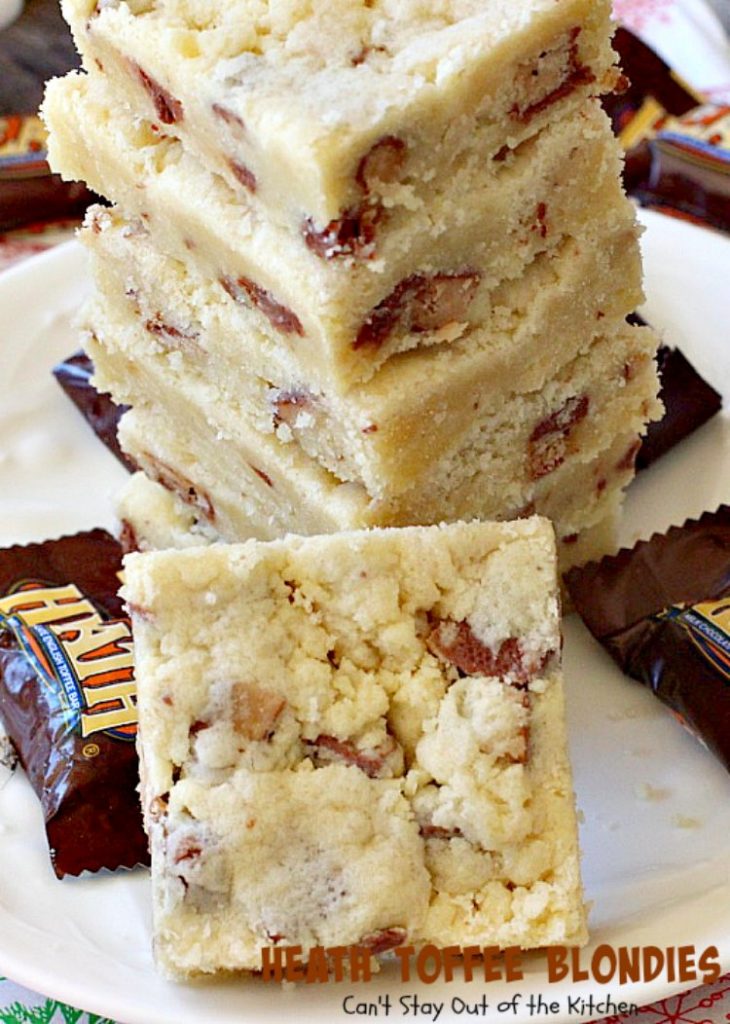 Heath Toffee Blondies | Can't Stay Out of the Kitchen | these amazing #cookies use #HeathToffeeBars so they're filled with #chocolate & #toffee. So, so good! #dessert