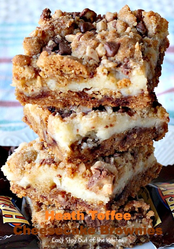 Heath Toffee Cheesecake Brownies | Can't Stay Out of the Kitchen | these #brownies are divine! #HeathEnglishToffeeBits are added to #cookie dough and sandwiched between a luscious #cheesecake layer. This #dessert is amazing.