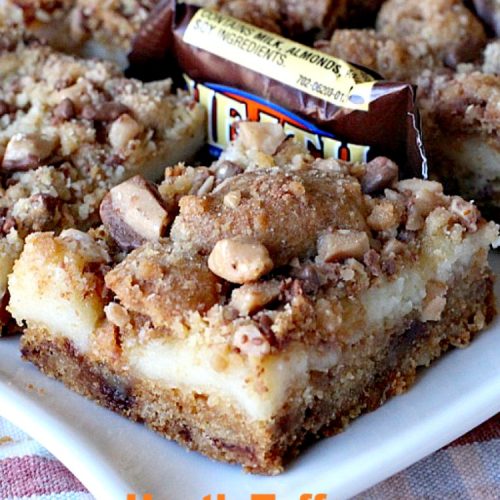 Heath Toffee Cheesecake Brownies | Can't Stay Out of the Kitchen | these #brownies are divine! #HeathEnglishToffeeBits are added to #cookie dough and sandwiched between a luscious #cheesecake layer. This #dessert is amazing.