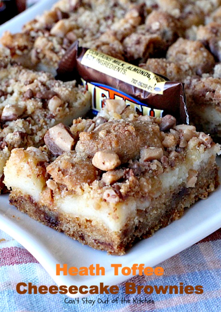Heath Toffee Cheesecake Brownies | Can't Stay Out of the Kitchen | these #brownies are divine! #HeathEnglishToffeeBits are added to #cookie dough and sandwiched between a luscious #cheesecake layer. This #dessert is amazing.