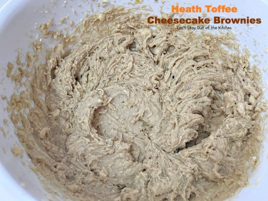 Heath Toffee Cheesecake Brownies | Can't Stay Out of the Kitchen | these #brownies are divine! #HeathEnglishToffeeBits are added to #cookie dough and sandwiched between a luscious #cheesecake layer. This #dessert is amazing.