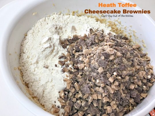 Heath Toffee Cheesecake Brownies | Can't Stay Out of the Kitchen | these #brownies are divine! #HeathEnglishToffeeBits are added to #cookie dough and sandwiched between a luscious #cheesecake layer. This #dessert is amazing.